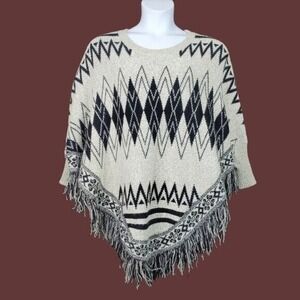 Myesper Cream Black Argyle Fringe Hem Knit Pullover Sweater Size S/M